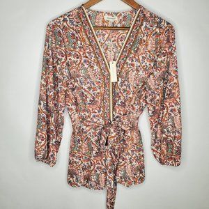 Max Studio Womens Floral Blouse Size L Belted Front V Neck Long Sleeve Artsy NWT